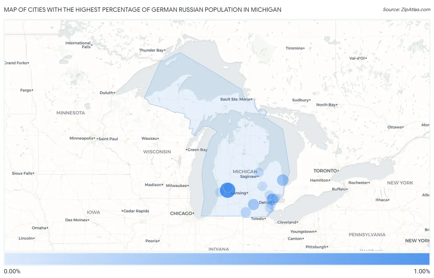 Cities with the Highest Percentage of German Russian Population in Michigan Map