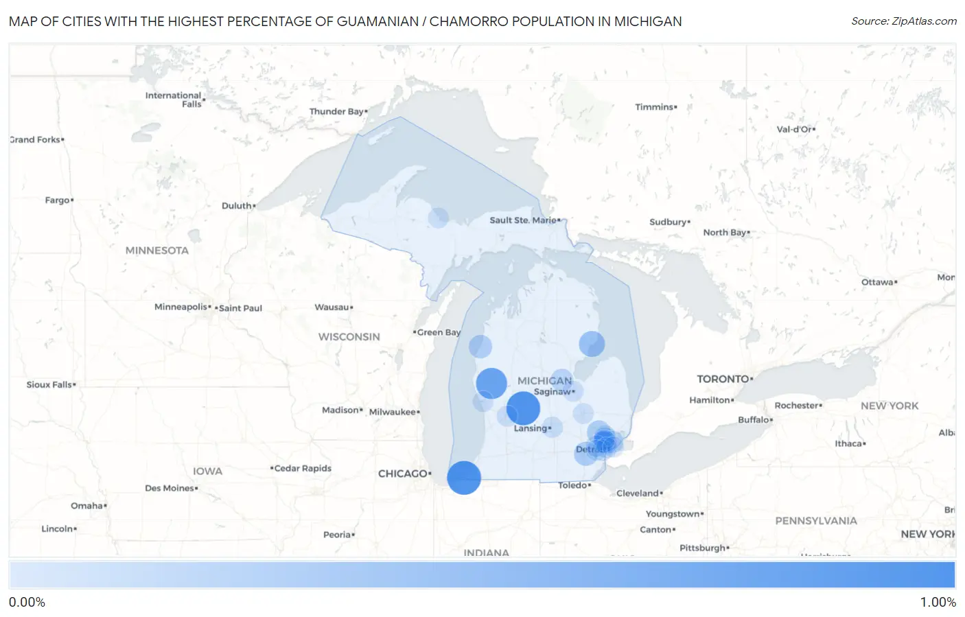 Cities with the Highest Percentage of Guamanian / Chamorro Population in Michigan Map