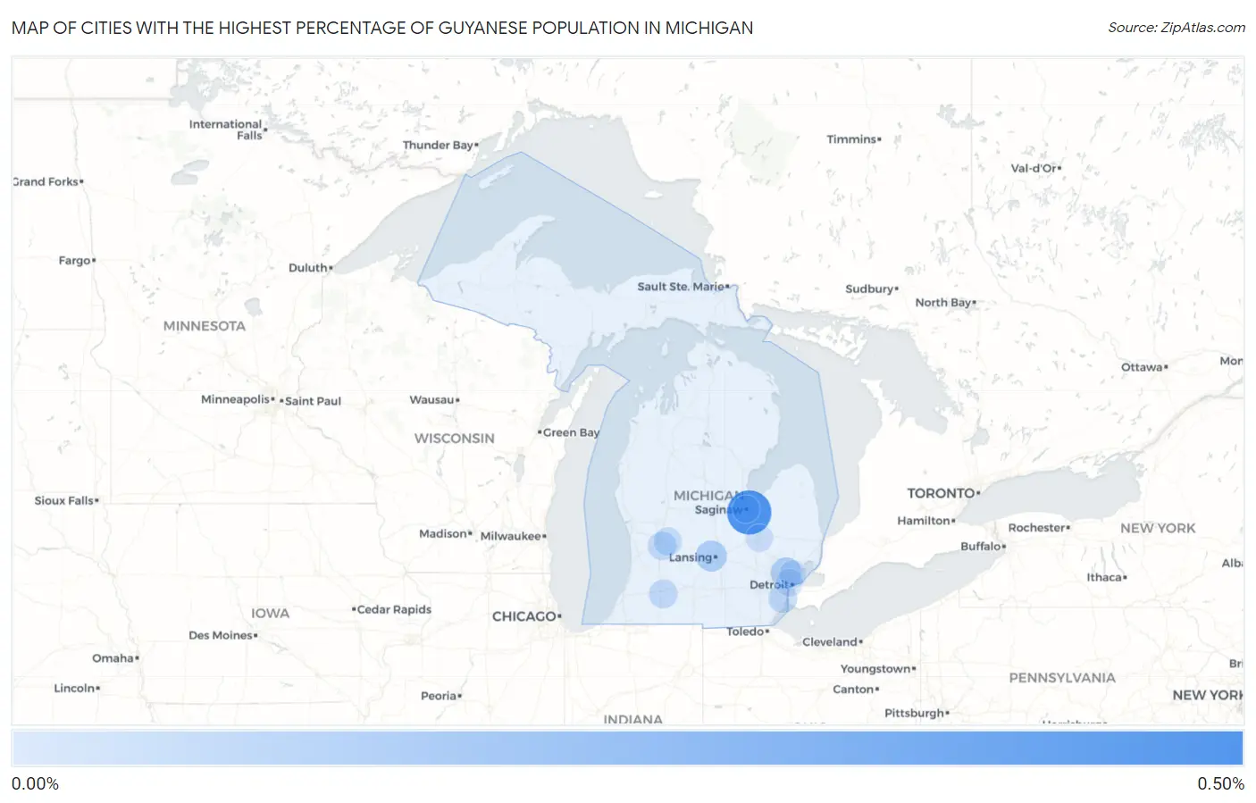 Cities with the Highest Percentage of Guyanese Population in Michigan Map