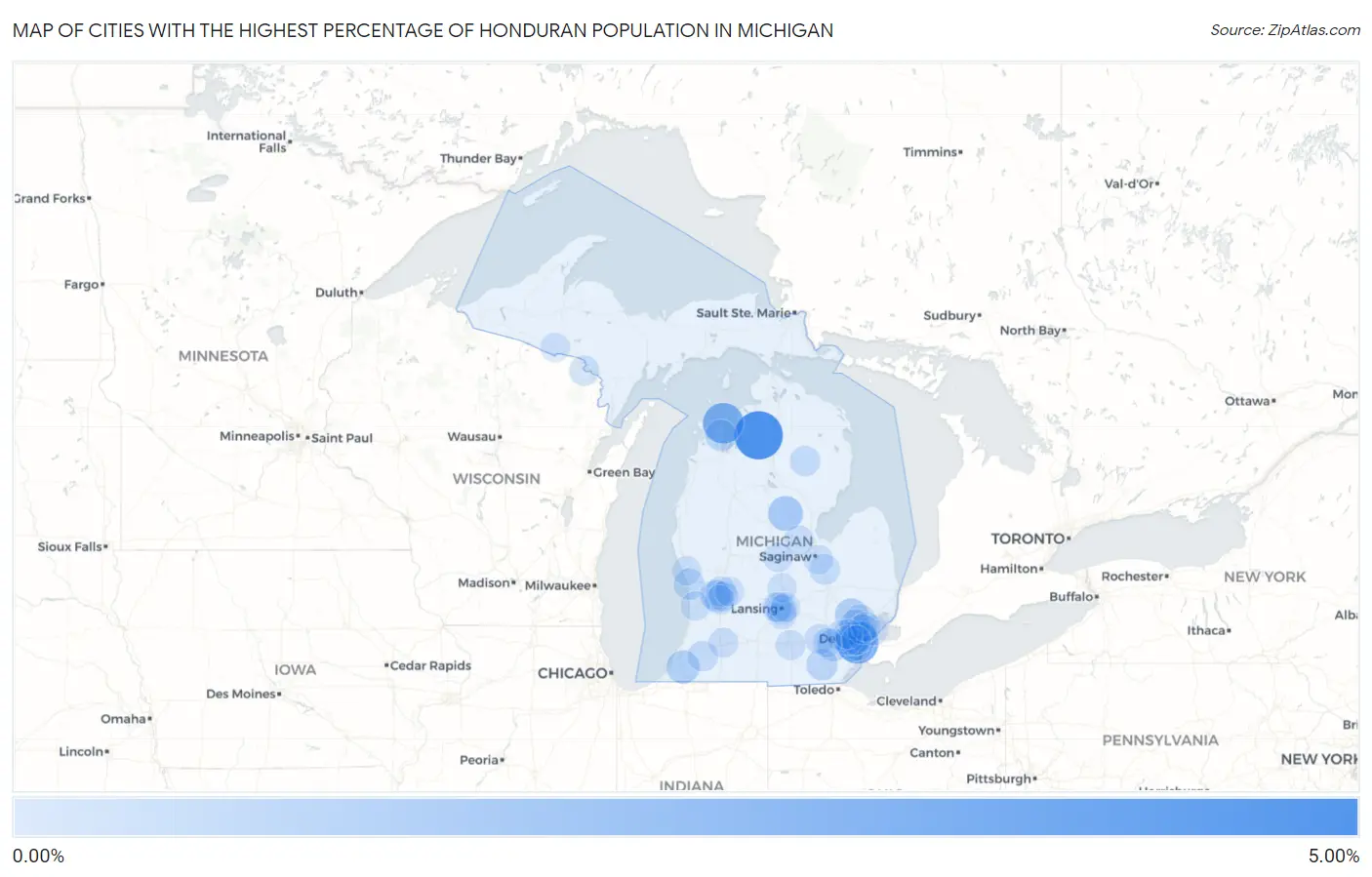 Cities with the Highest Percentage of Honduran Population in Michigan Map