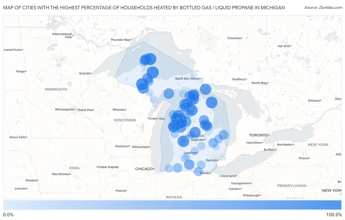 Cities with the Highest Percentage of Households Heated by Bottled Gas / Liquid Propane in Michigan Map