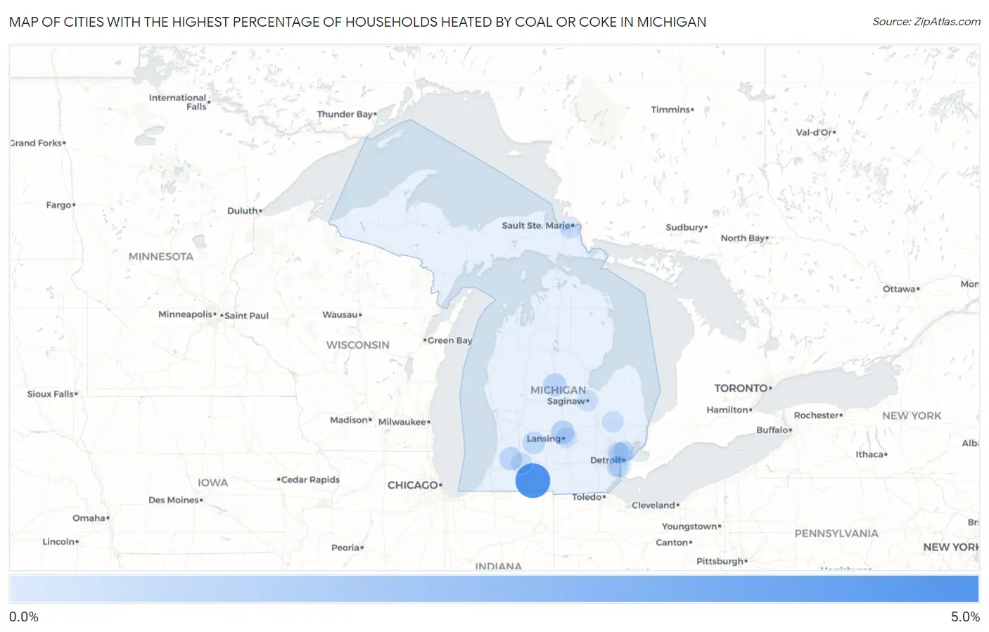 Cities with the Highest Percentage of Households Heated by Coal or Coke in Michigan Map