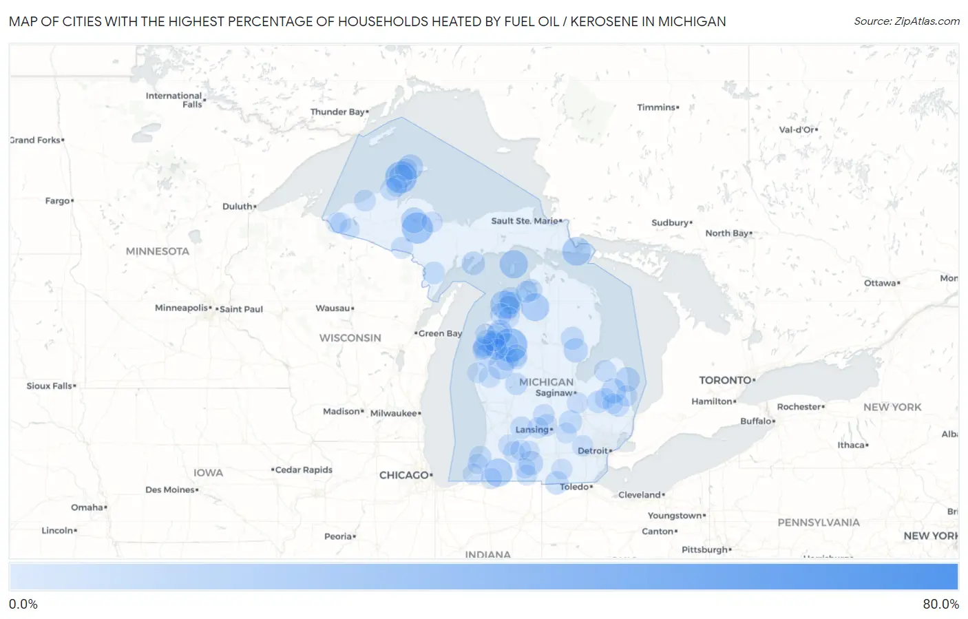 Cities with the Highest Percentage of Households Heated by Fuel Oil / Kerosene in Michigan Map
