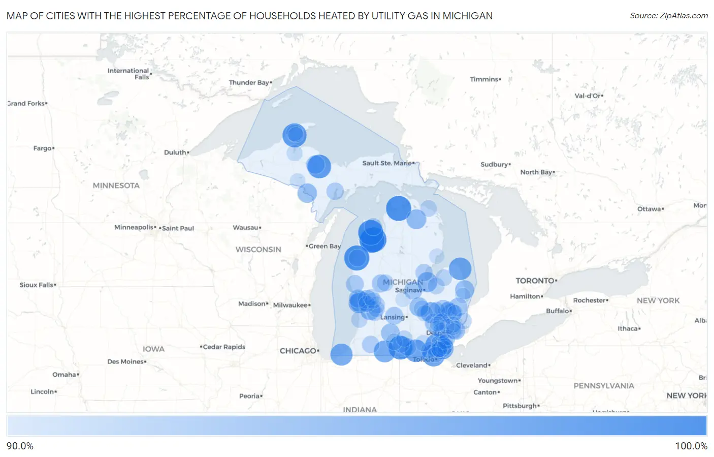 Cities with the Highest Percentage of Households Heated by Utility Gas in Michigan Map