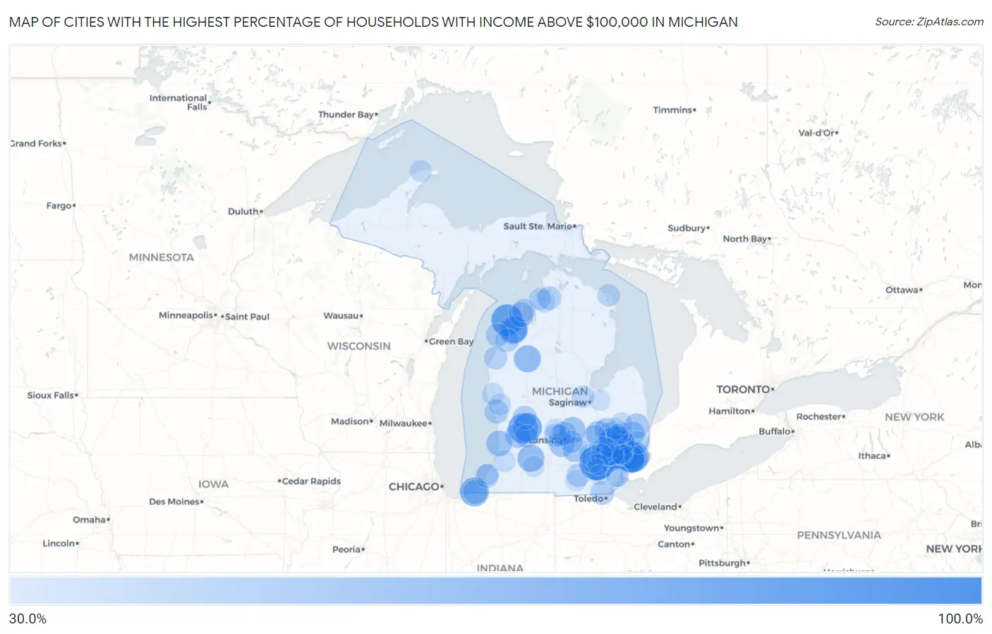 Cities with the Highest Percentage of Households with Income Above $100,000 in Michigan Map