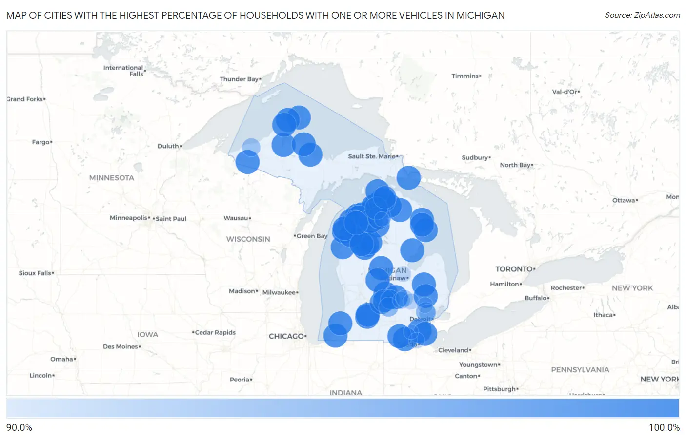 Cities with the Highest Percentage of Households With One or more Vehicles in Michigan Map
