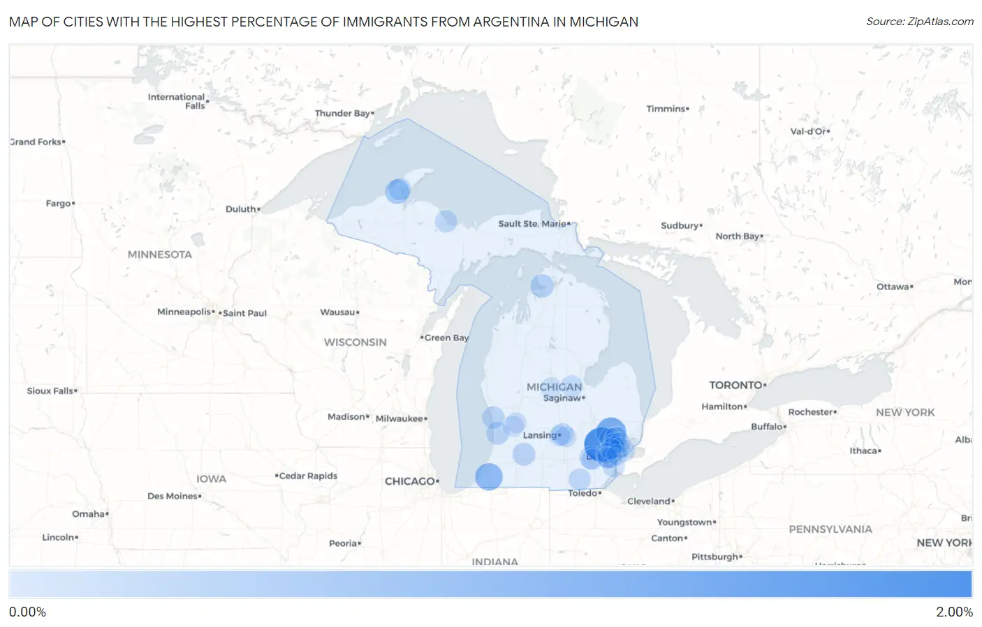 Cities with the Highest Percentage of Immigrants from Argentina in Michigan Map