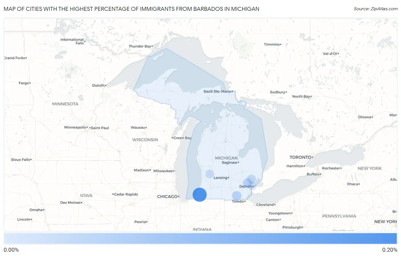 Cities with the Highest Percentage of Immigrants from Barbados in Michigan Map