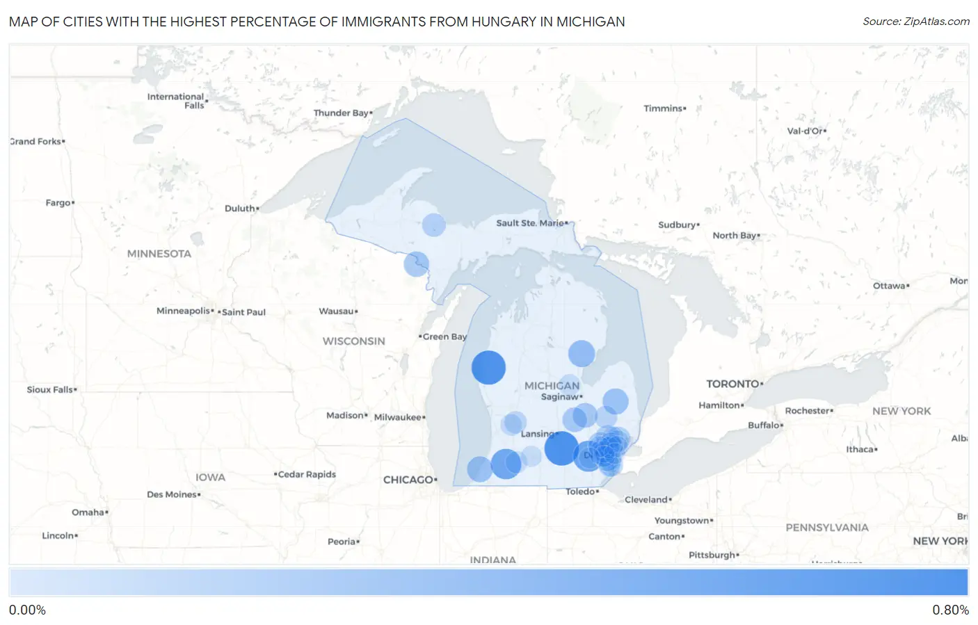Cities with the Highest Percentage of Immigrants from Hungary in Michigan Map