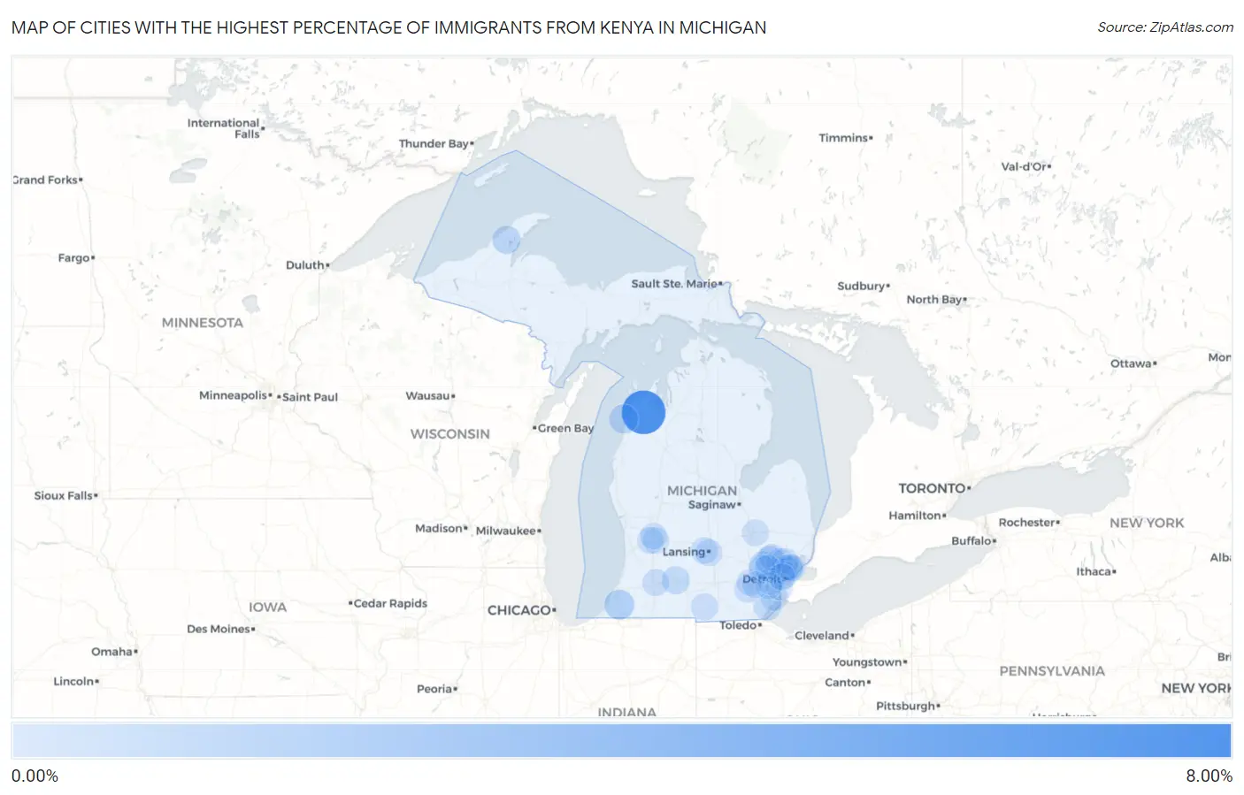 Cities with the Highest Percentage of Immigrants from Kenya in Michigan Map