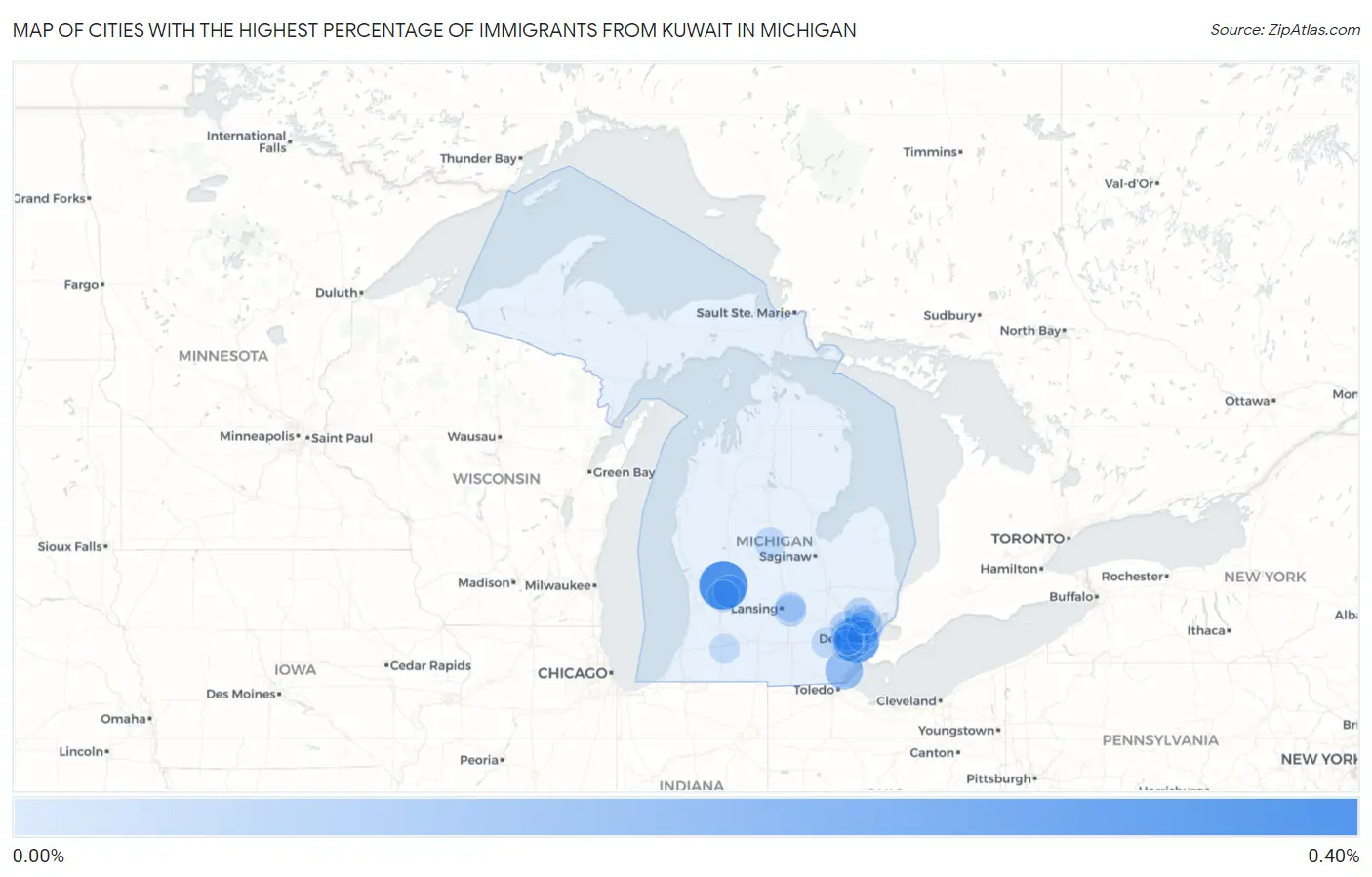 Cities with the Highest Percentage of Immigrants from Kuwait in Michigan Map