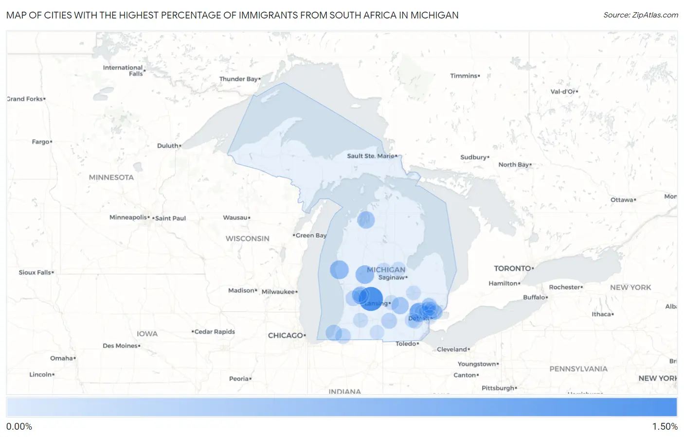 Cities with the Highest Percentage of Immigrants from South Africa in Michigan Map