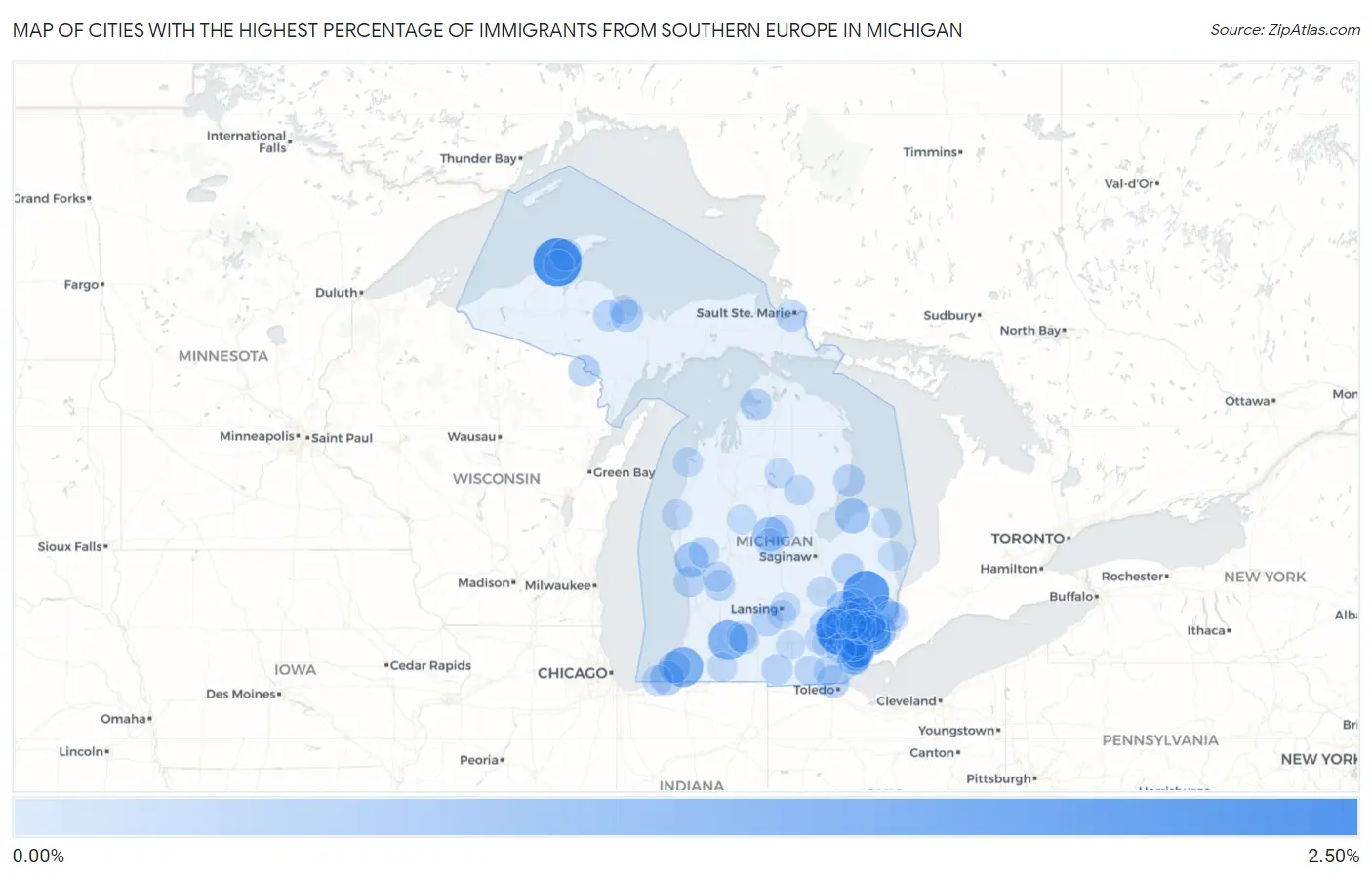 Cities with the Highest Percentage of Immigrants from Southern Europe in Michigan Map