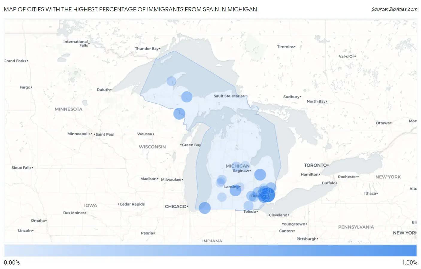 Cities with the Highest Percentage of Immigrants from Spain in Michigan Map