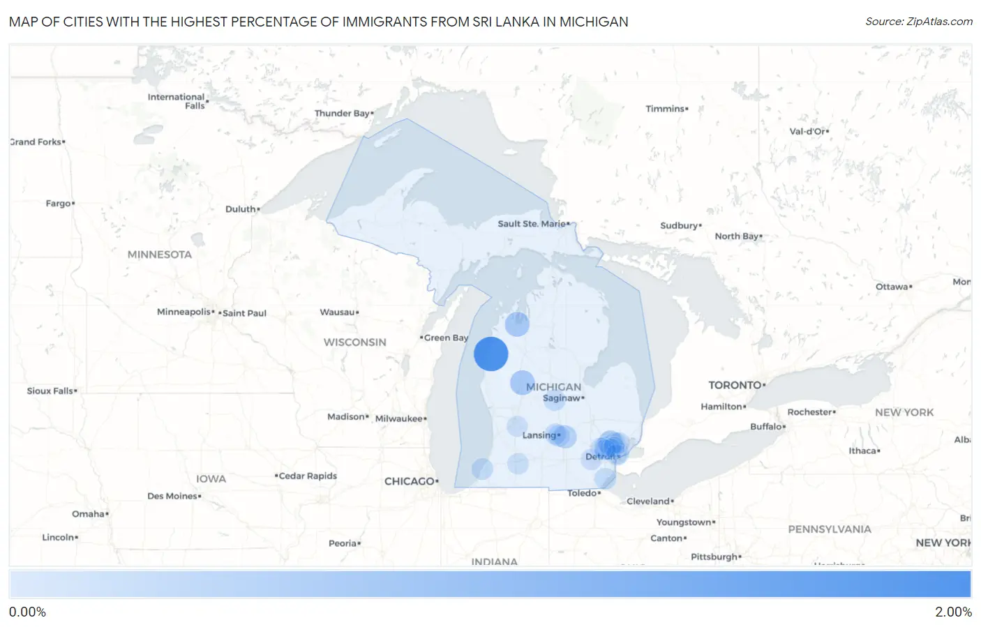 Cities with the Highest Percentage of Immigrants from Sri Lanka in Michigan Map