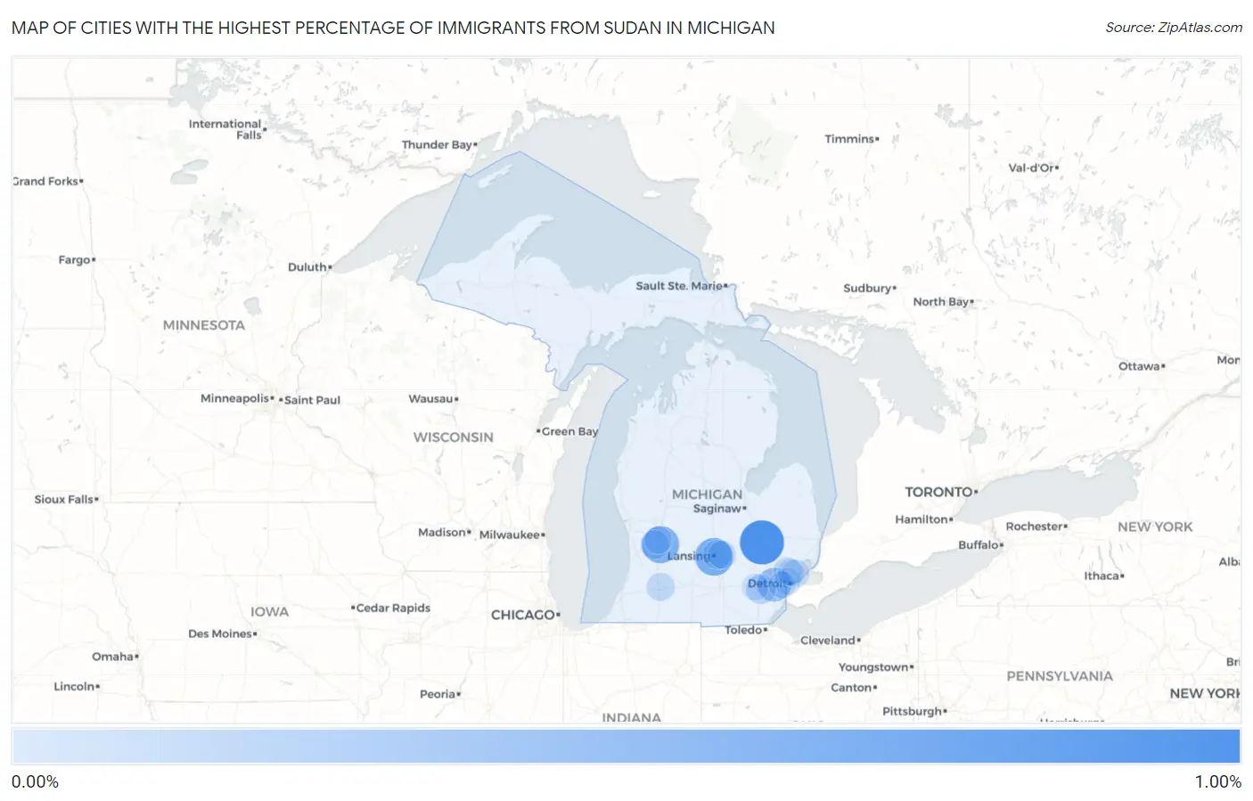 Cities with the Highest Percentage of Immigrants from Sudan in Michigan Map