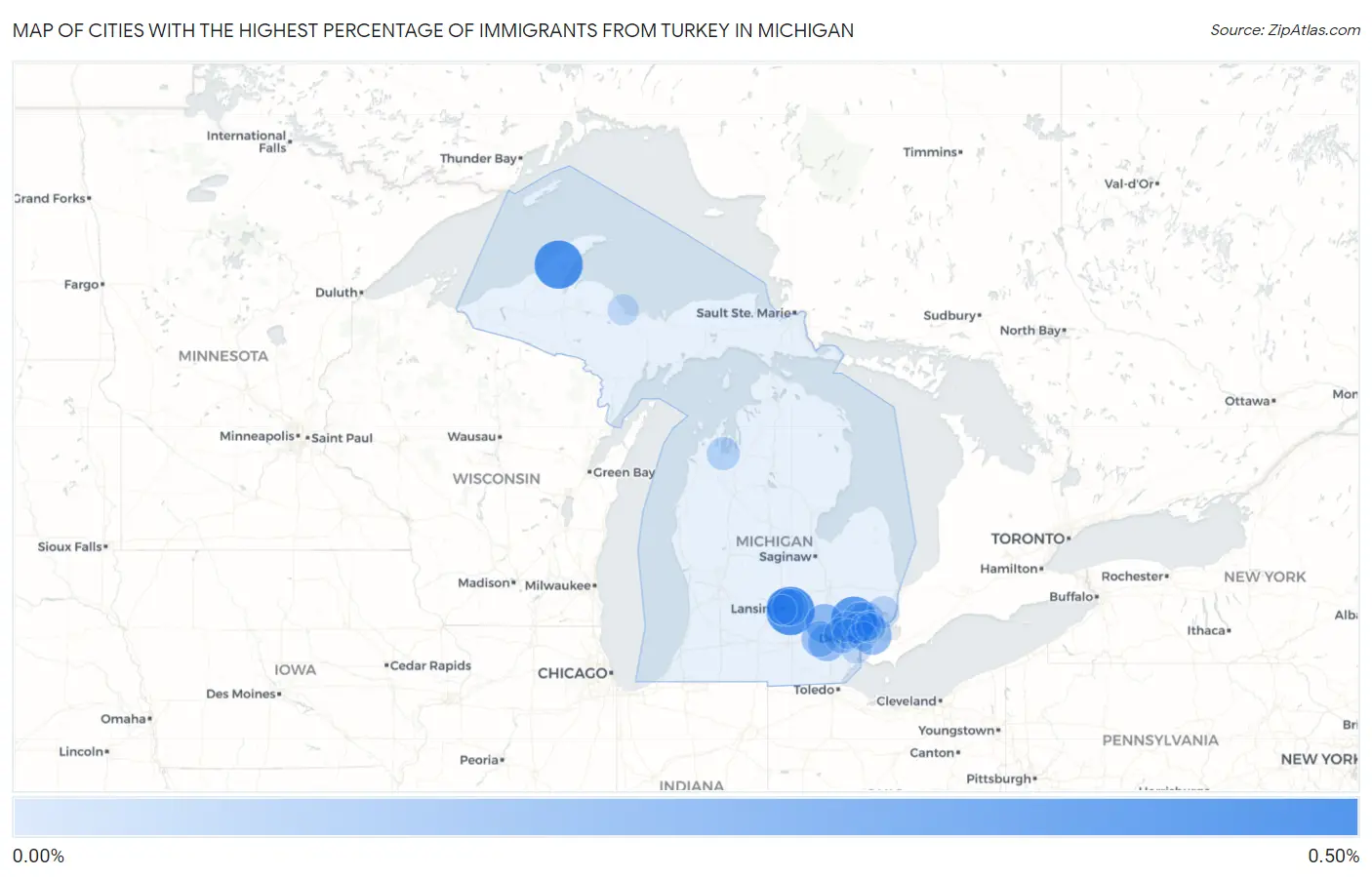 Cities with the Highest Percentage of Immigrants from Turkey in Michigan Map
