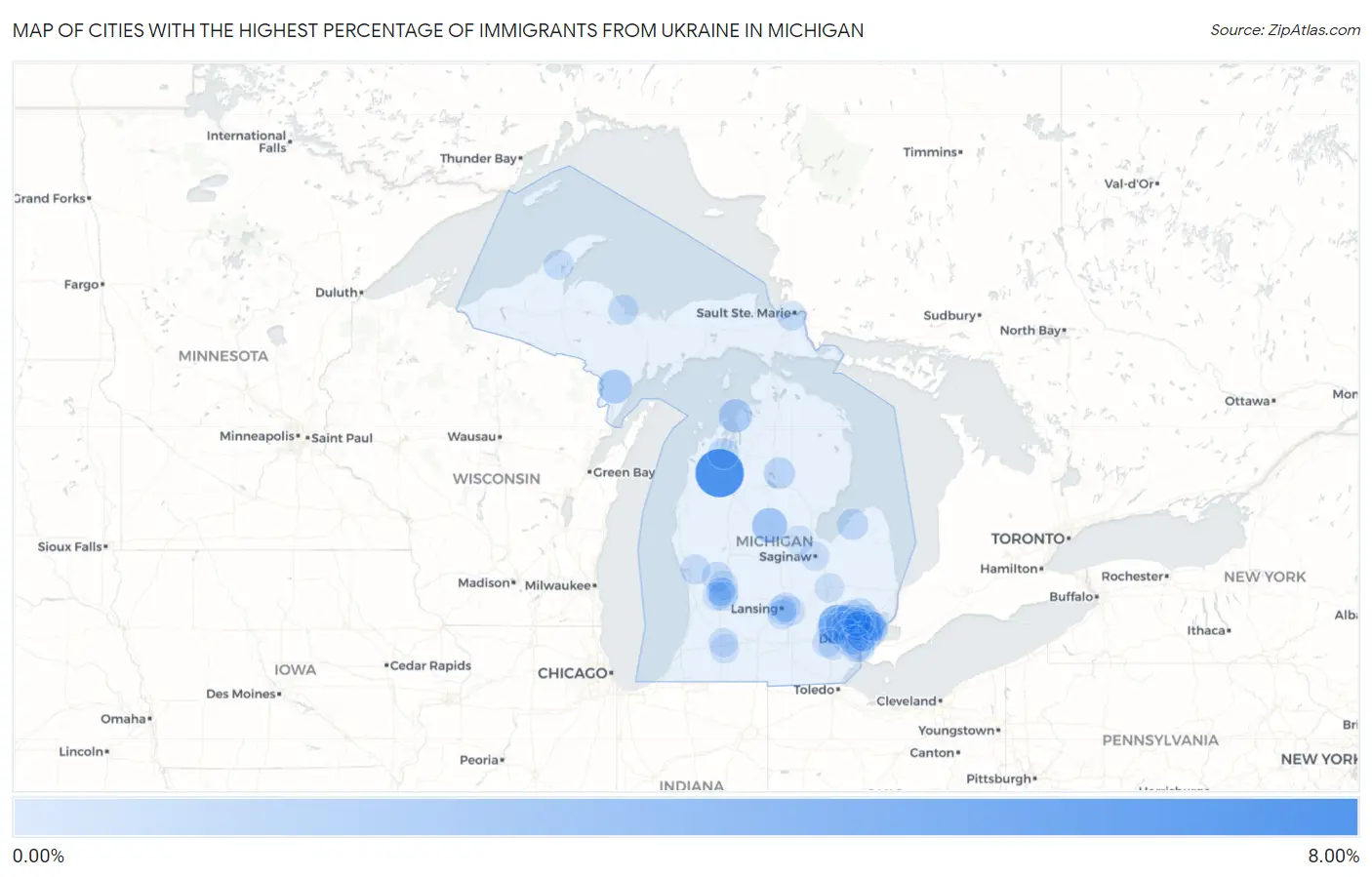 Cities with the Highest Percentage of Immigrants from Ukraine in Michigan Map