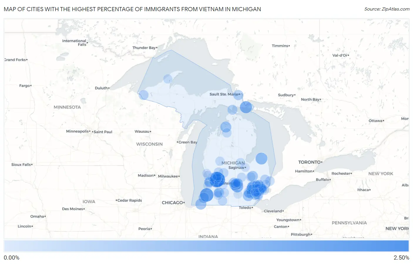 Cities with the Highest Percentage of Immigrants from Vietnam in Michigan Map