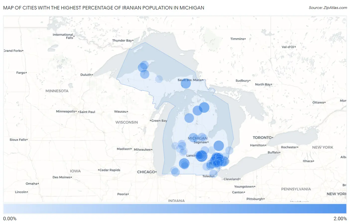 Cities with the Highest Percentage of Iranian Population in Michigan Map