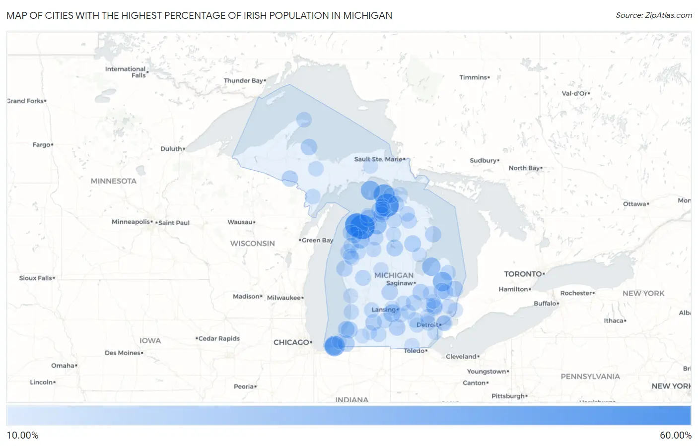 Cities with the Highest Percentage of Irish Population in Michigan Map