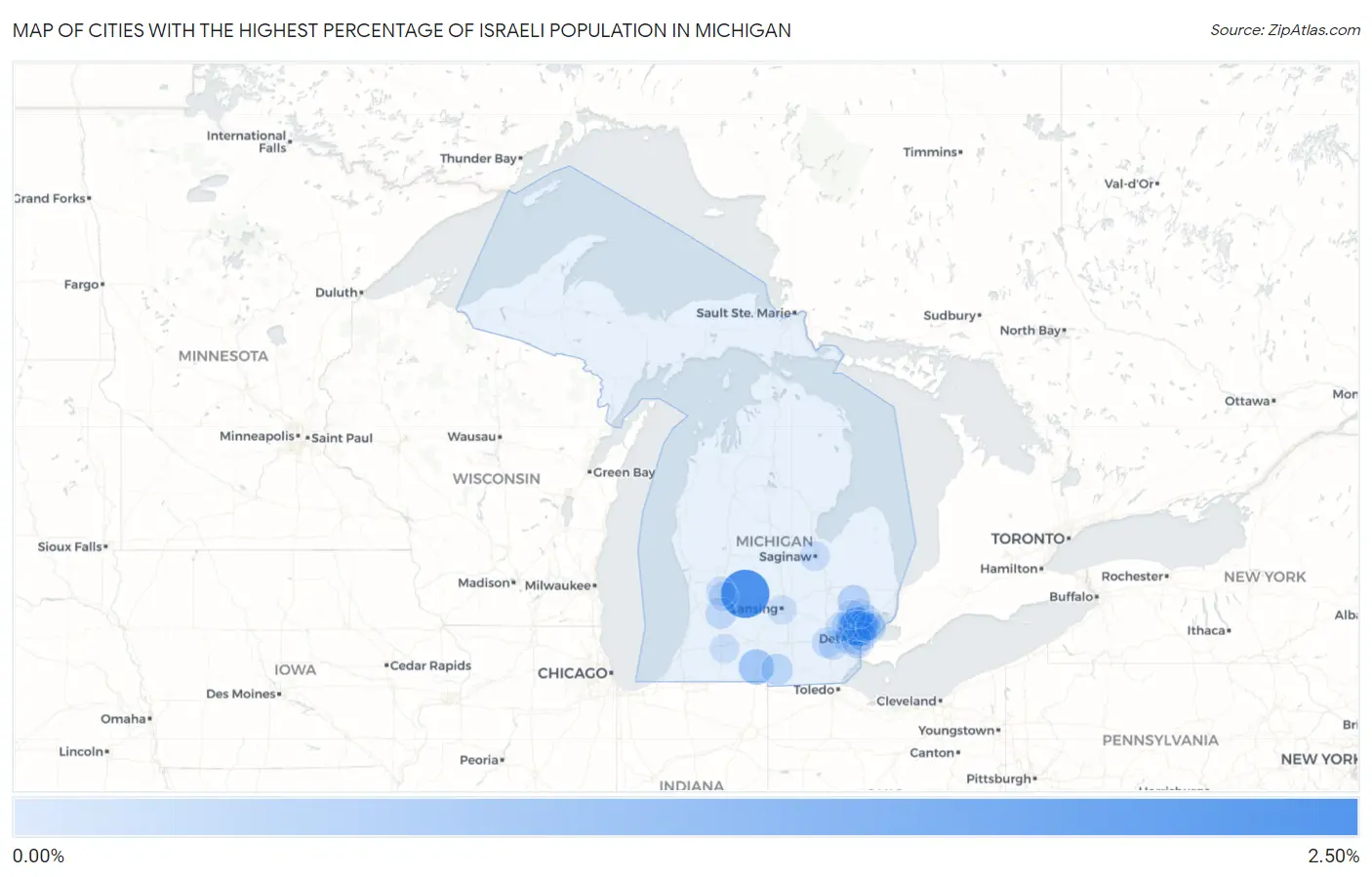 Cities with the Highest Percentage of Israeli Population in Michigan Map
