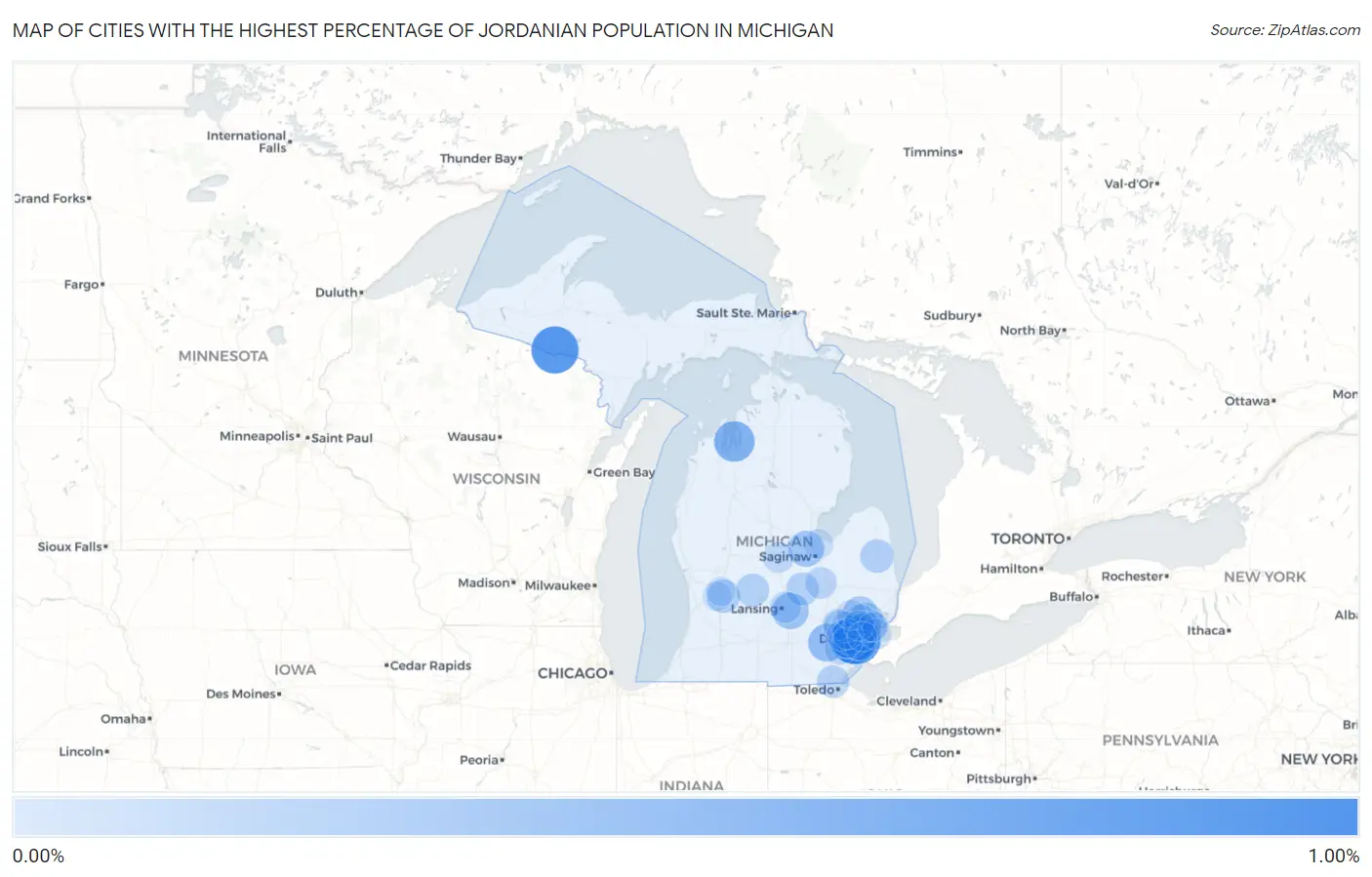 Cities with the Highest Percentage of Jordanian Population in Michigan Map