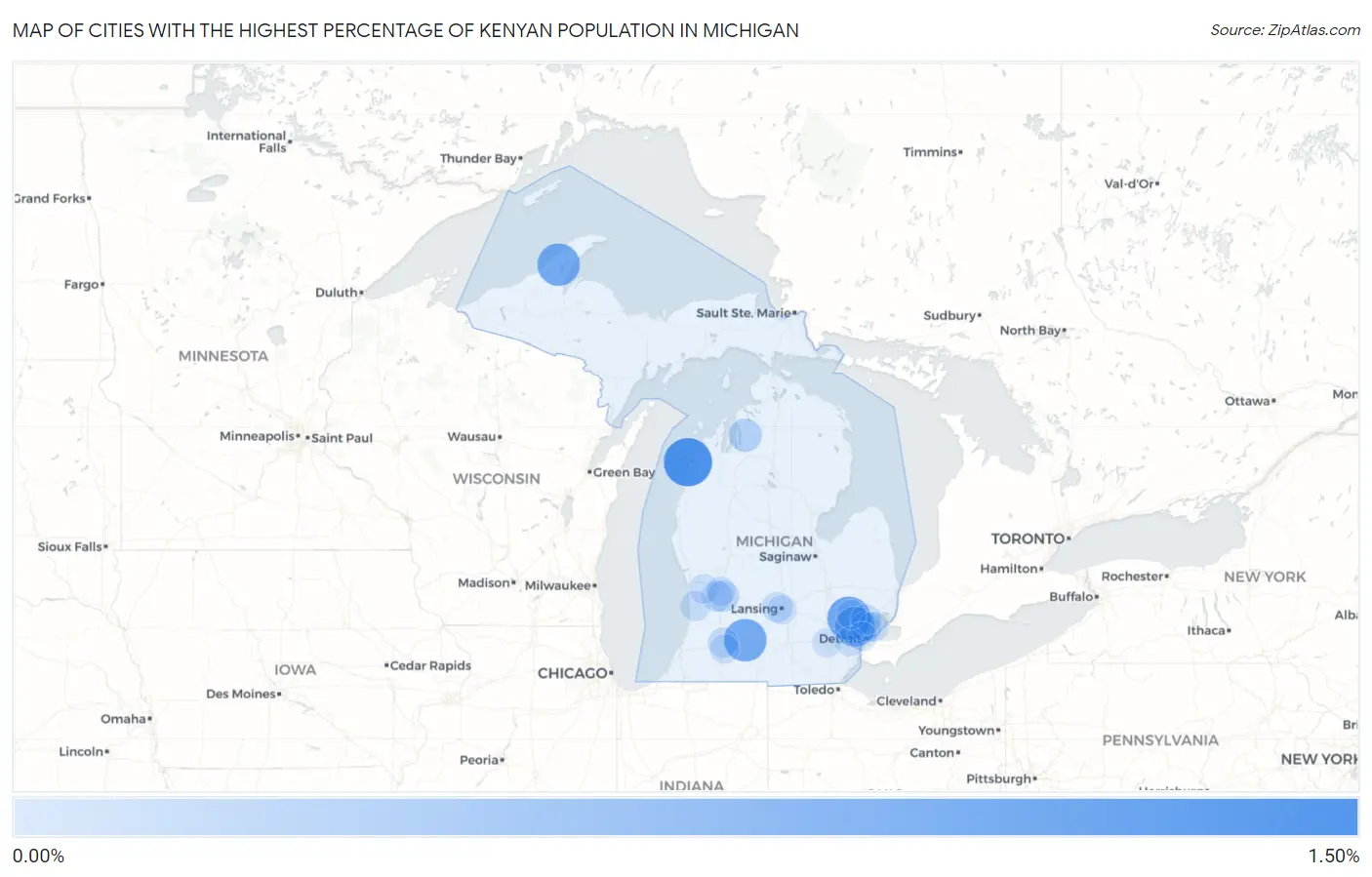 Cities with the Highest Percentage of Kenyan Population in Michigan Map