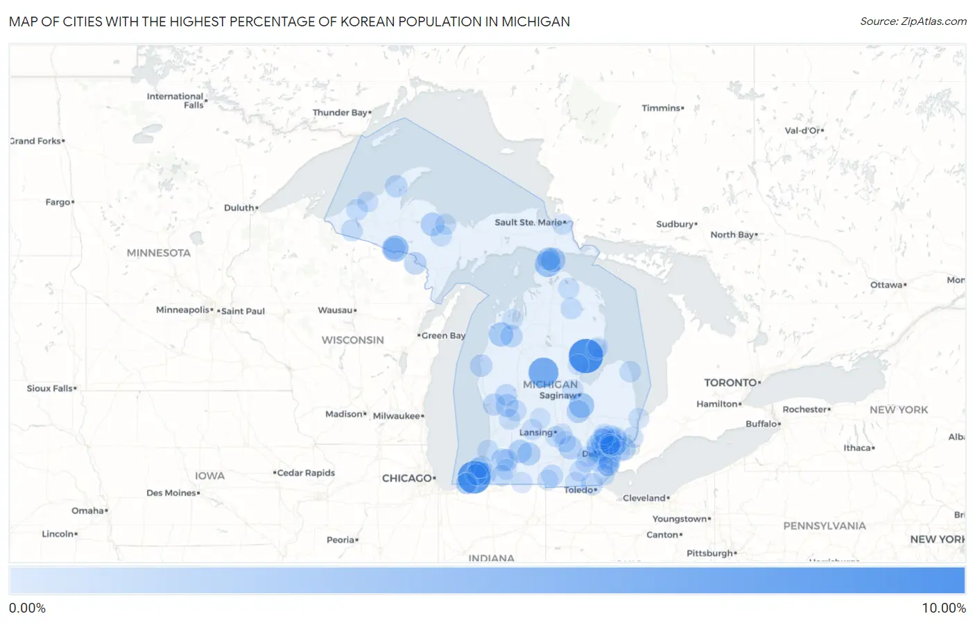 Cities with the Highest Percentage of Korean Population in Michigan Map