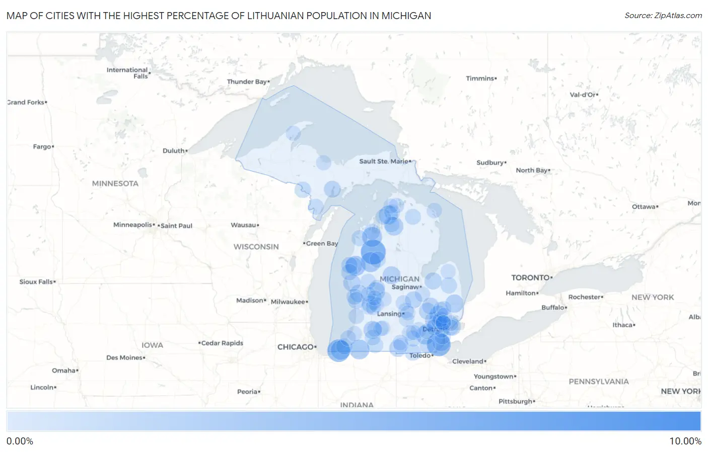 Cities with the Highest Percentage of Lithuanian Population in Michigan Map