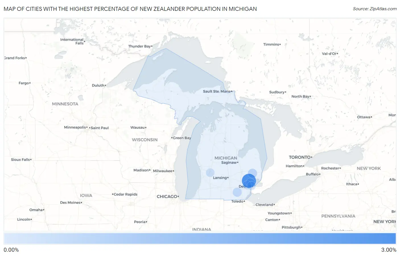 Cities with the Highest Percentage of New Zealander Population in Michigan Map