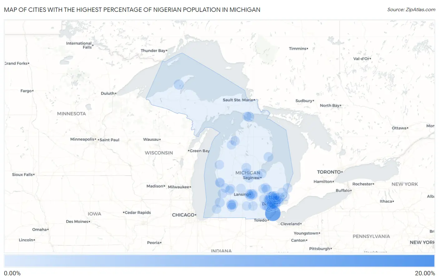 Cities with the Highest Percentage of Nigerian Population in Michigan Map