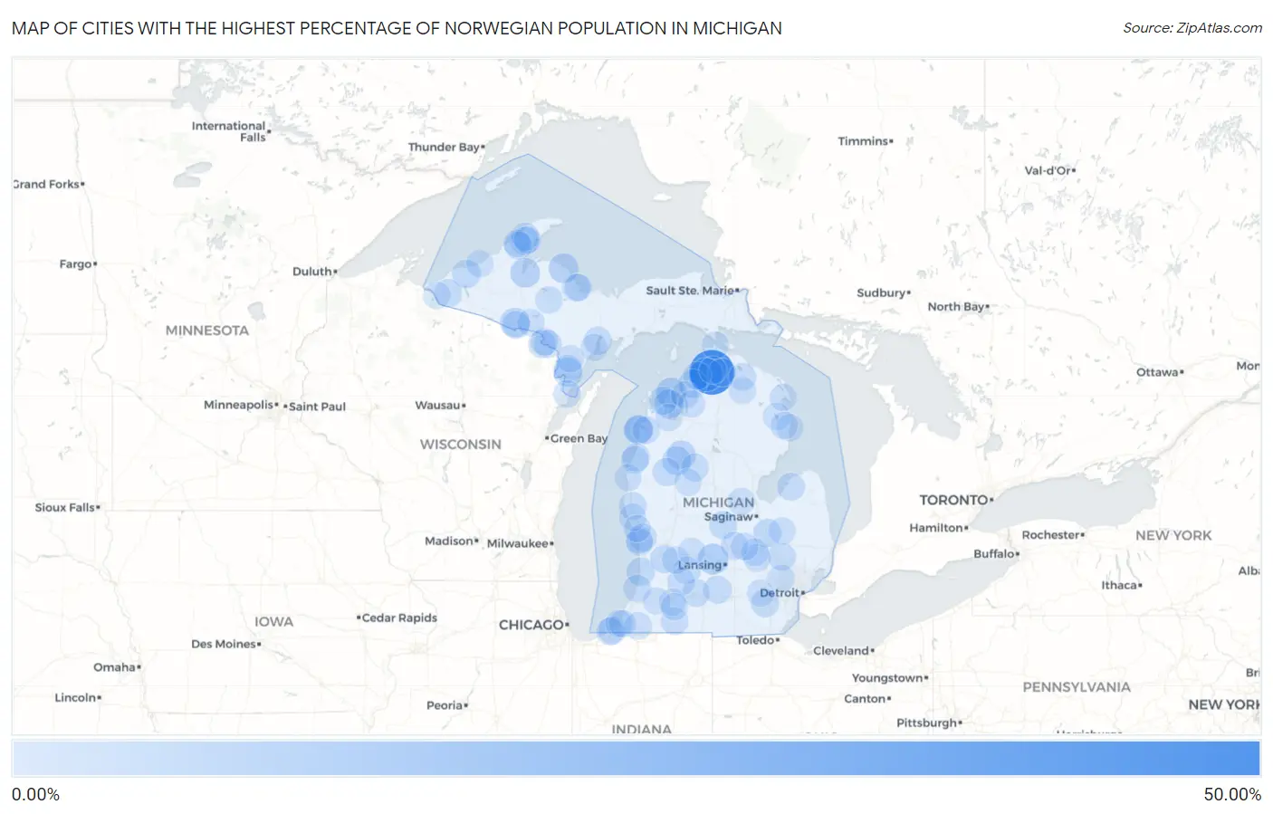 Cities with the Highest Percentage of Norwegian Population in Michigan Map