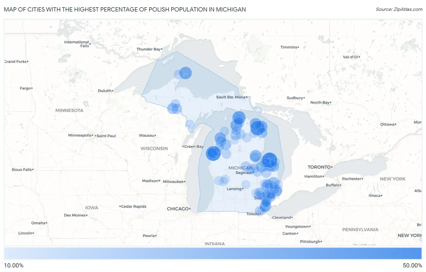 Cities with the Highest Percentage of Polish Population in Michigan Map