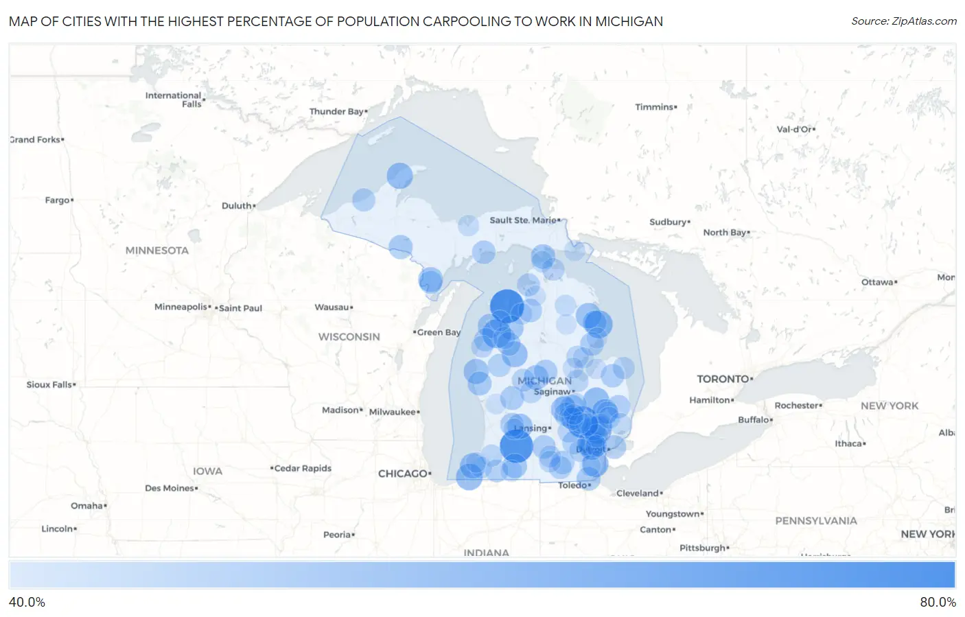 Cities with the Highest Percentage of Population Carpooling to Work in Michigan Map