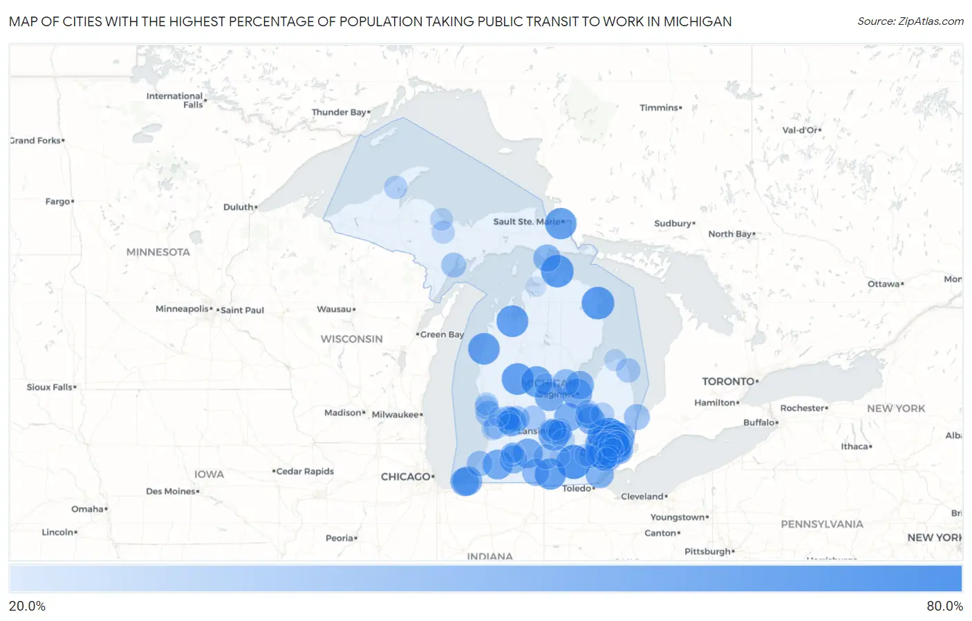 Cities with the Highest Percentage of Population Taking Public Transit to Work in Michigan Map