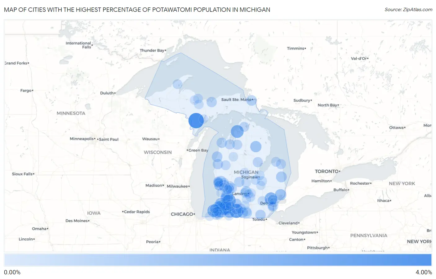 Cities with the Highest Percentage of Potawatomi Population in Michigan Map