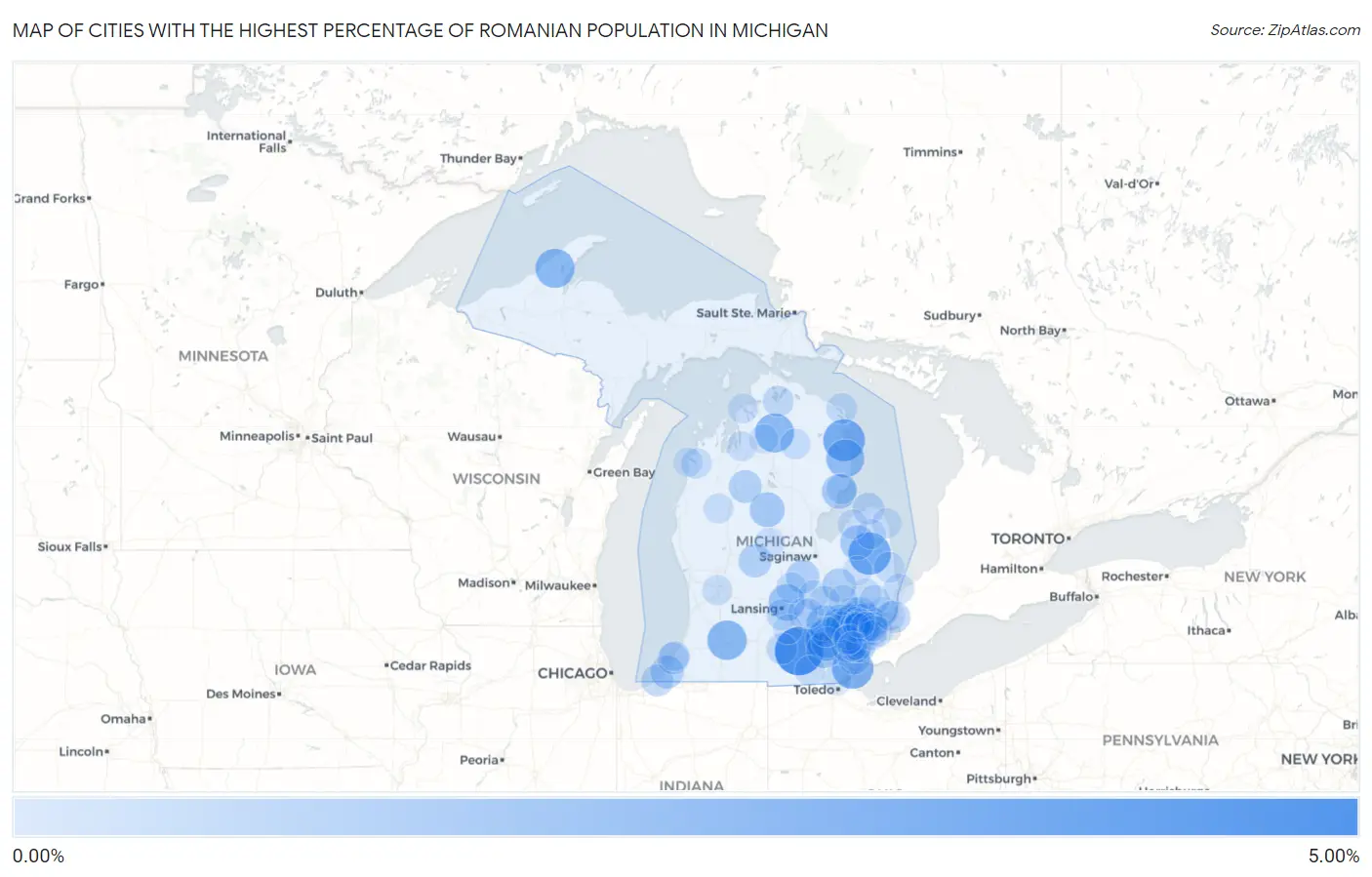 Cities with the Highest Percentage of Romanian Population in Michigan Map