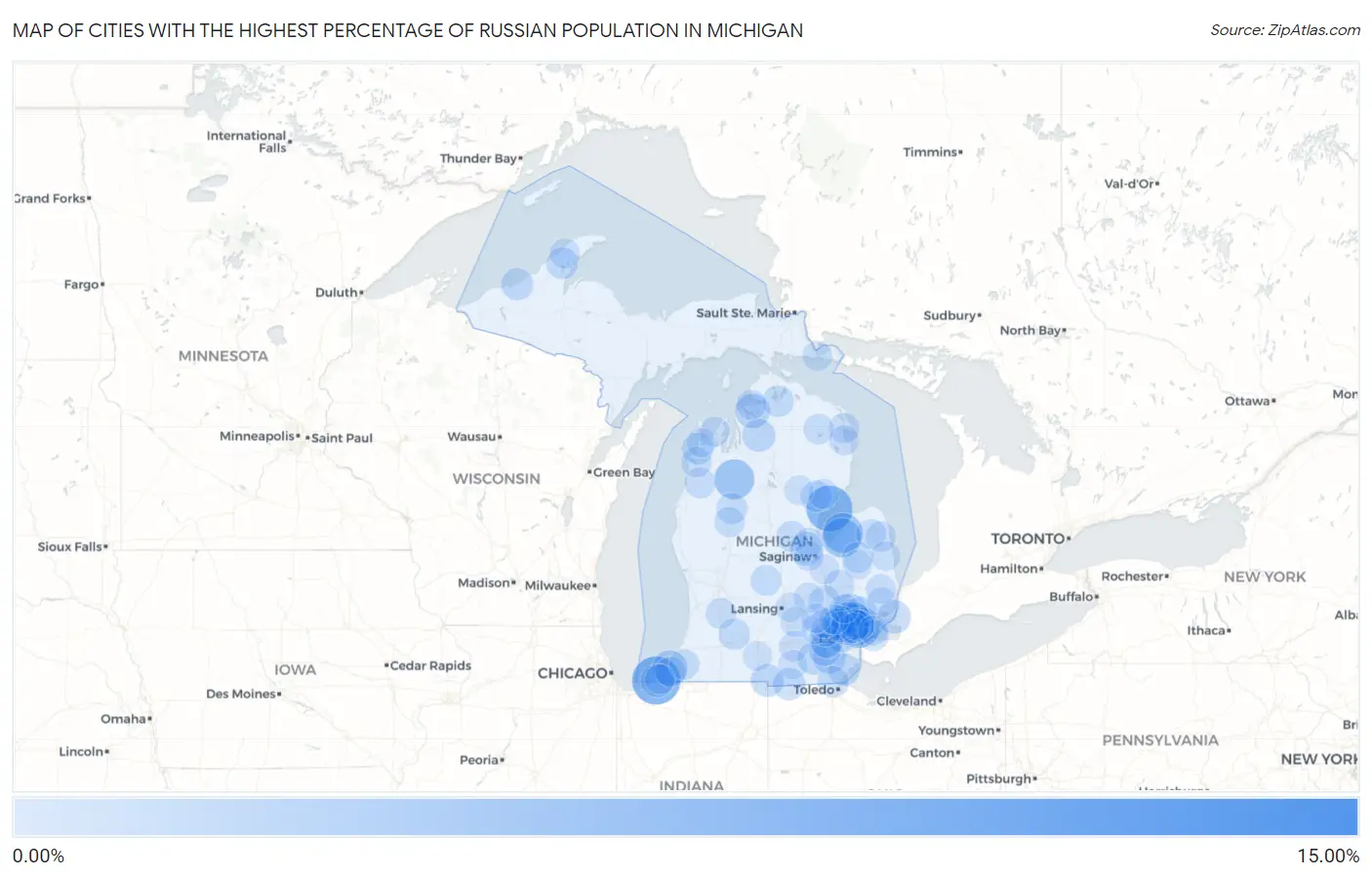 Cities with the Highest Percentage of Russian Population in Michigan Map