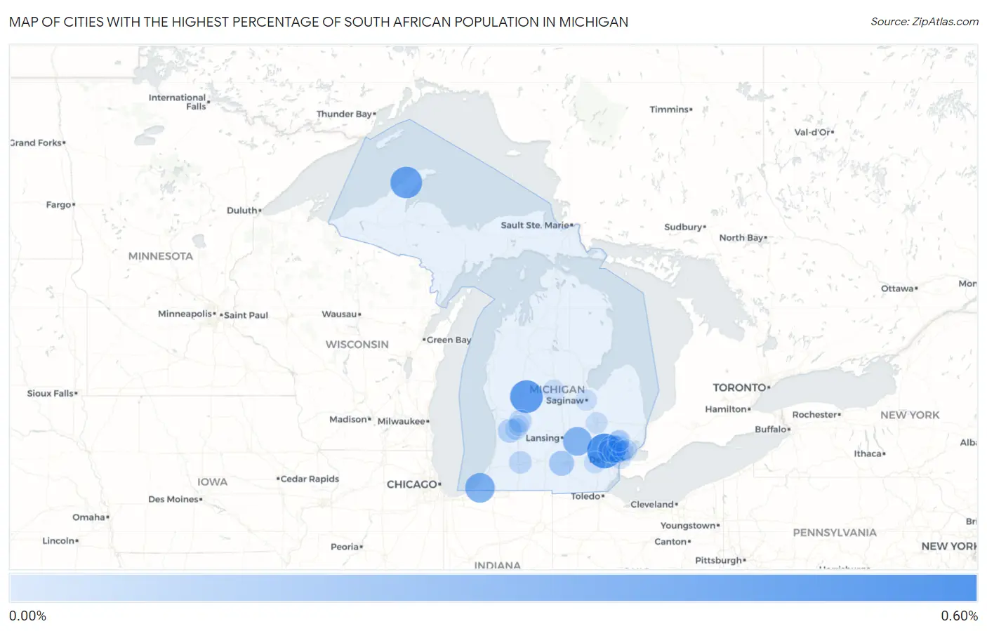 Cities with the Highest Percentage of South African Population in Michigan Map