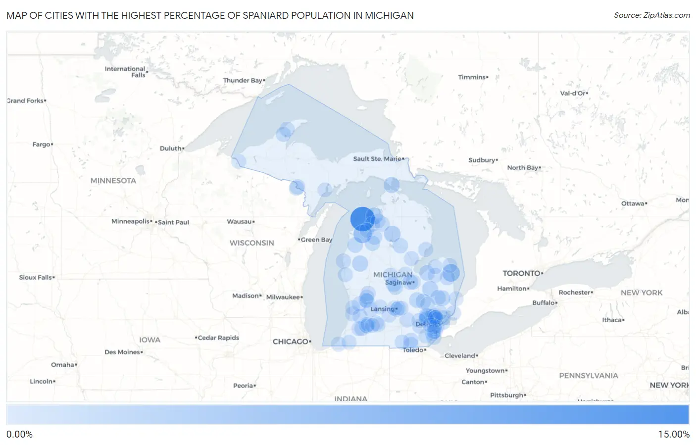 Cities with the Highest Percentage of Spaniard Population in Michigan Map