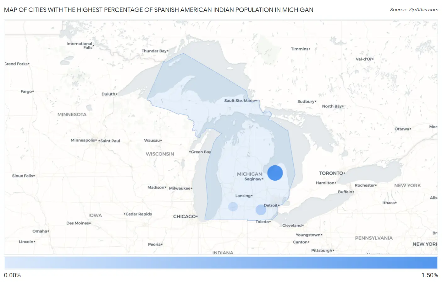 Cities with the Highest Percentage of Spanish American Indian Population in Michigan Map