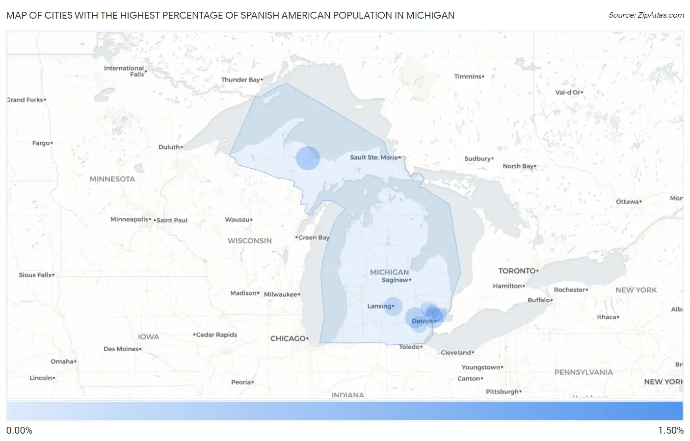 Cities with the Highest Percentage of Spanish American Population in Michigan Map