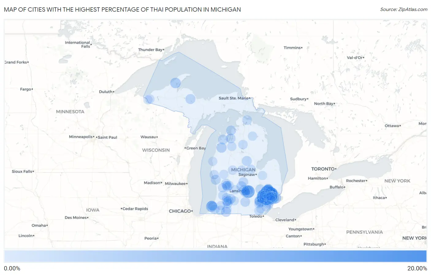 Cities with the Highest Percentage of Thai Population in Michigan Map