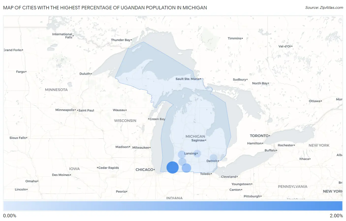 Cities with the Highest Percentage of Ugandan Population in Michigan Map