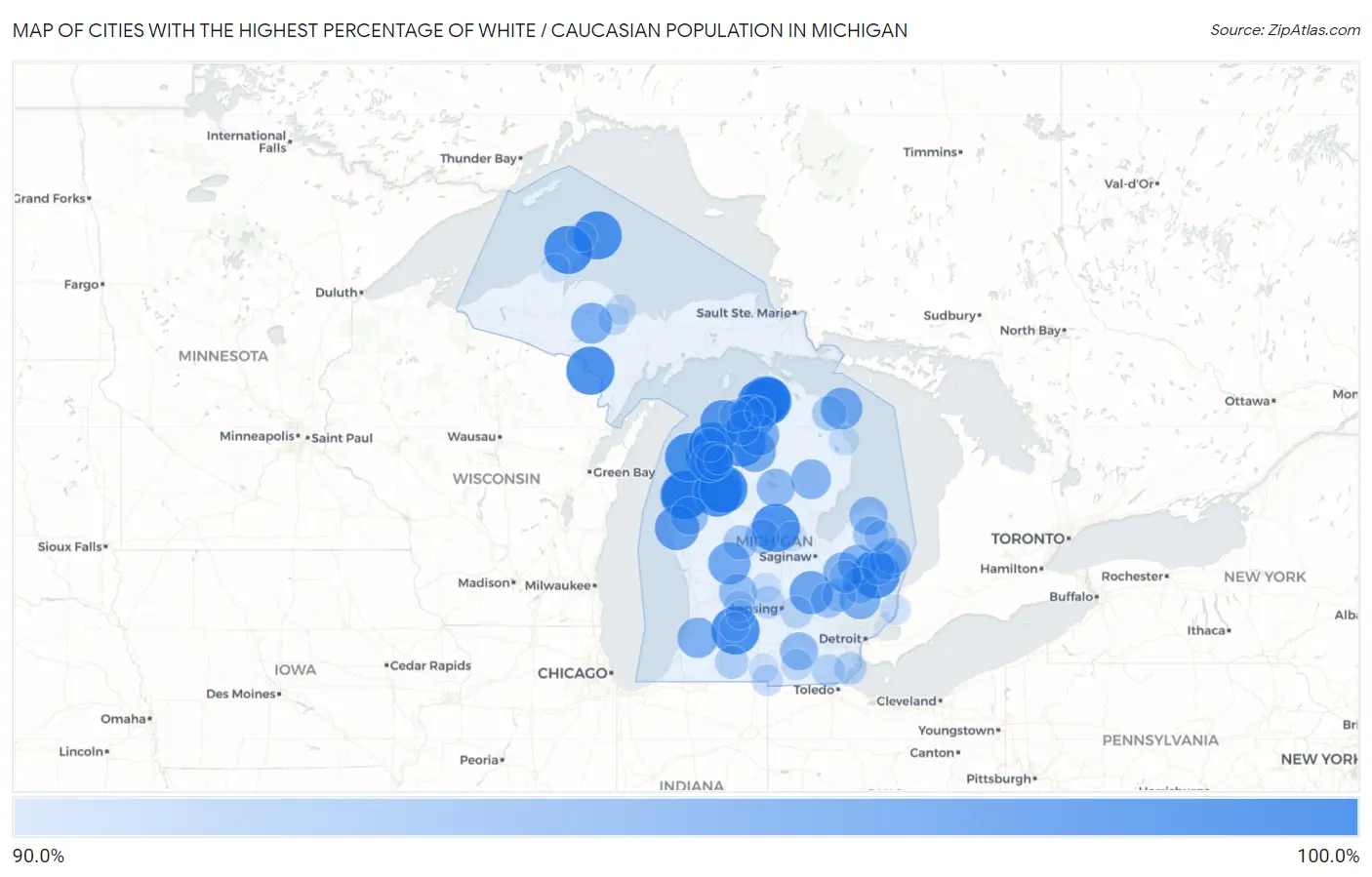 Cities with the Highest Percentage of White / Caucasian Population in Michigan Map