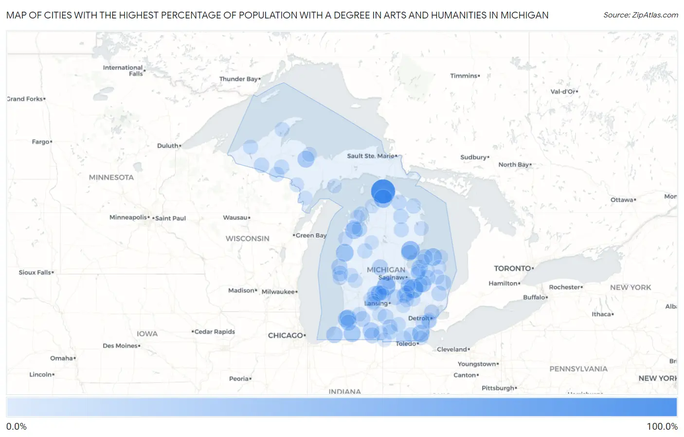 Cities with the Highest Percentage of Population with a Degree in Arts and Humanities in Michigan Map