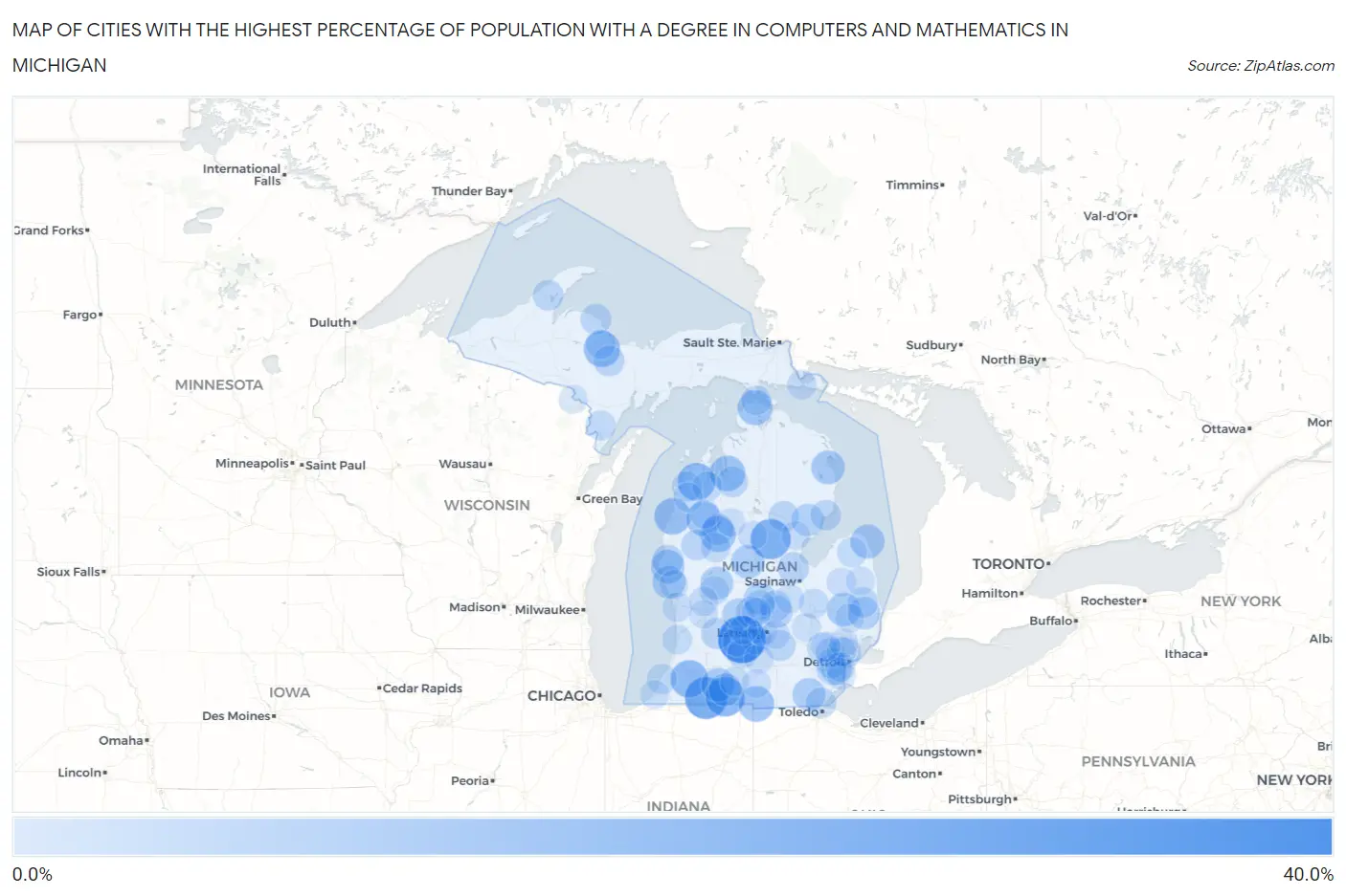 Cities with the Highest Percentage of Population with a Degree in Computers and Mathematics in Michigan Map