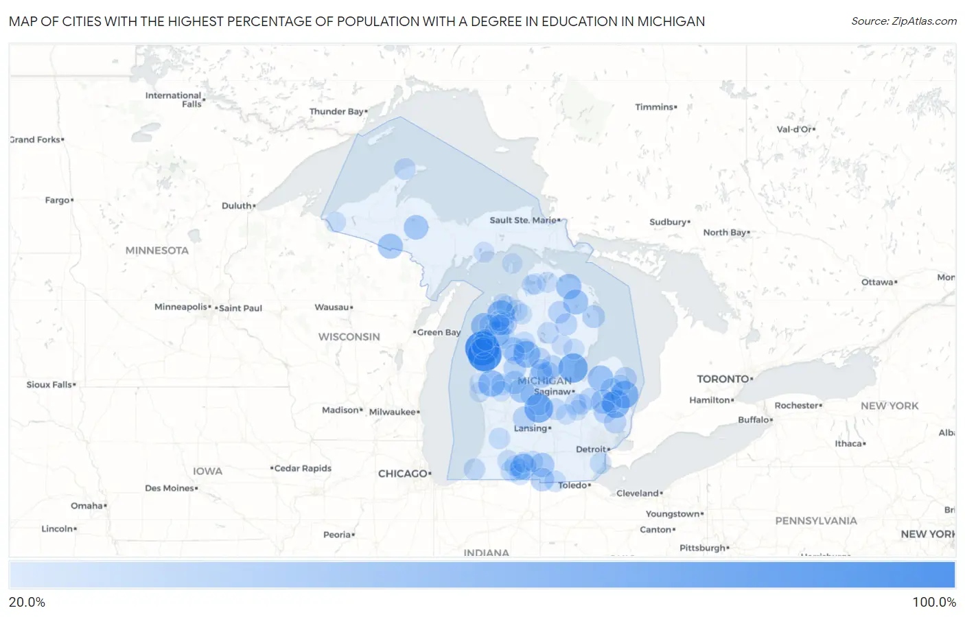 Cities with the Highest Percentage of Population with a Degree in Education in Michigan Map