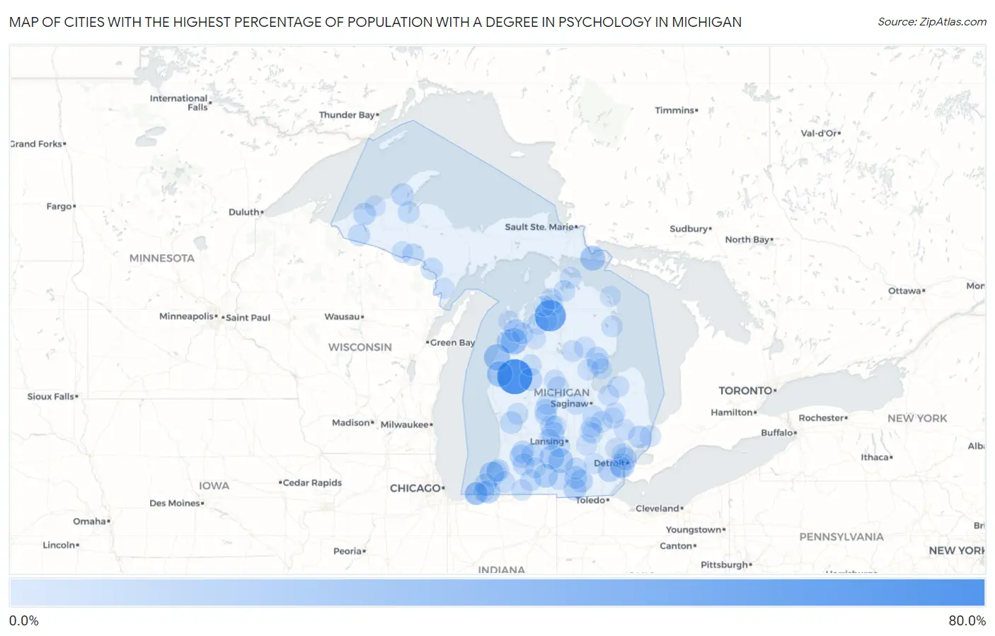 Cities with the Highest Percentage of Population with a Degree in Psychology in Michigan Map